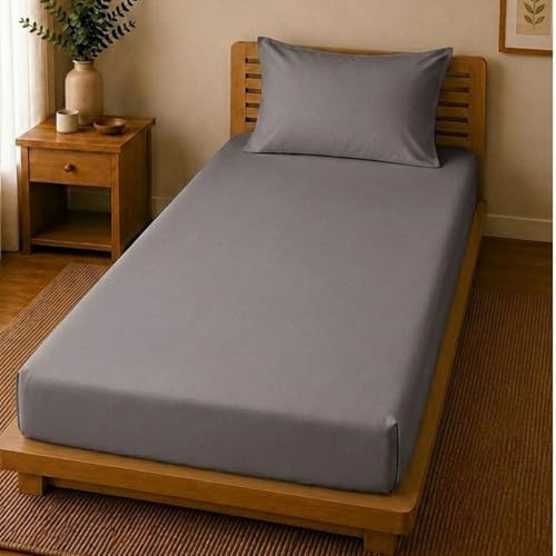 Image of Linen Home Cotton Percale Fitted Bedsheet Set Single Size Charcoal