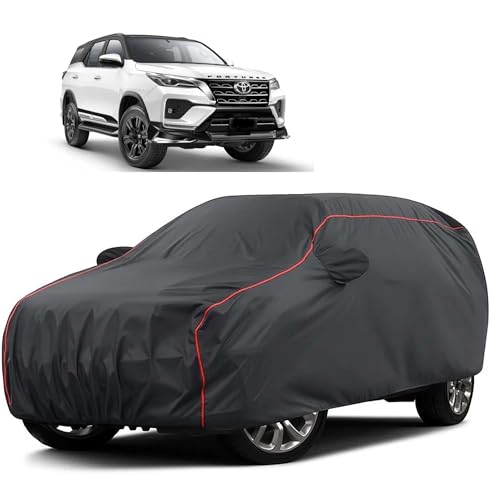 Image of Sulfar 100% Water Resistant Car Body Cover Compatible with Mirror for Toyota Fortuner (Triple Stitched, Full Bottom Elastic, Dark Grey Taffeta with Red Piping)