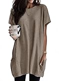  Minetom T-Shirt Femme Long Tshirt Oversize Col Rond Tee Shirts à Manche Courte Eté Longshirt AVCE Poches Casual Ample Top Blouse Chic Lâche Décontracté Haut Long Tunique Grande Taille A Kaki M