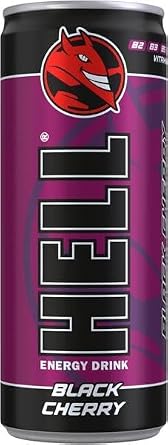HELL BLACK CHERRY Energy Drink +20% More Caffeine Vitamins B2 B3 B6 B12 C & D No Preservatives Environmentally Friendly Packaging 24 x 250 ml Compatible with HELL Energy