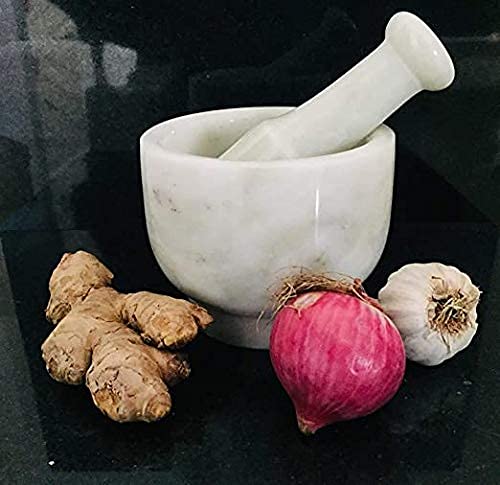 Image of Marble Mortar and Pestle Set 4 Inch Imam Dasta Ohkli Musal for Mashing Spices and Medicines (White)