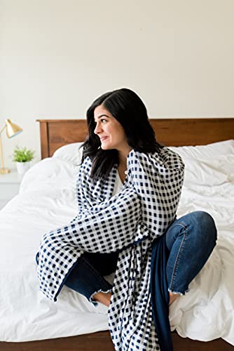 Pipermoon Adult Sized Swaddle Blankets, Oversized Jersey Knit Throw, Comforting Stretch, 2 Lbs (No Beads), 57" X 72" (Navy White Gingham) #TOP2