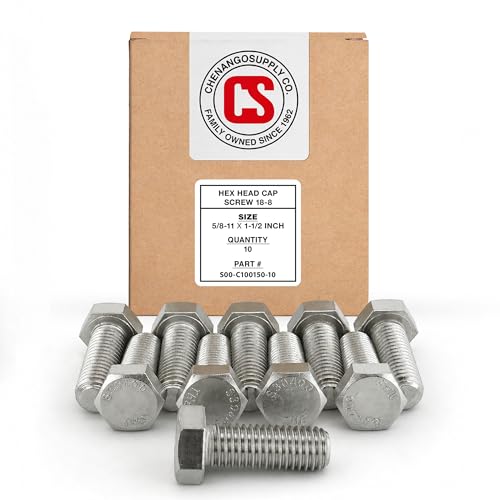 Image of Chenango Supply 5 /8-11 x 1-1 /2 inch Stainless Steel Hex Head Bolts - 304 Stainless, USS Coarse Thread, 100,000-125,000 PSI Tensile Strength, Corrosion-Resistant Hardware Bolts (10 Pack, 5 /8-11 x 1-1.5)