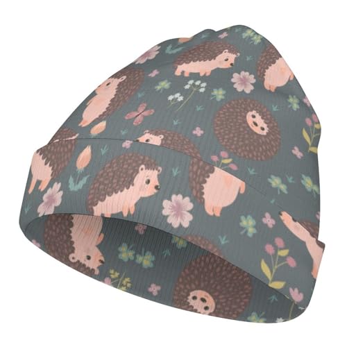 Cute Hedgehog and Flowers Pattern Kids Beanie Hat for for Girls Boys Children Cap Winter Knitted Chemo Cancer Headwear Accessories Gifts Decoration Black