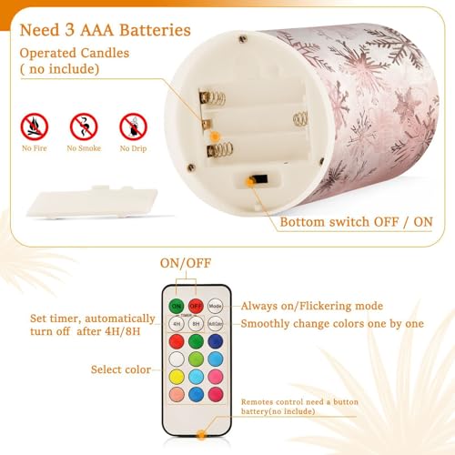 Image of Christmas Lights Flameless Candles Seamless Pattern Rose Gold Snowflakes Pillar Candles Set of 2 Battery Operated Remote Control Warm Lights Home Decor
