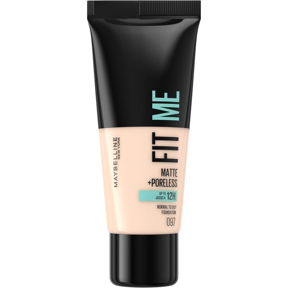 Maybelline Fit Me Foundation, Lightweight Medium Coverage, Blendable With a Matte and Poreless Natural Finish, For Normal to Oily Skin, Shade: 097 Natural Porcelain, 30ml