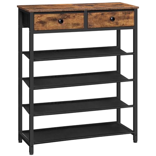 HOOBRO Shoe Rack, 5 Tier Shoe Storage Organizer with 2 Non-Woven Drawers, 12-16 Pairs of Shoes for Entryway, Shoe Shelf with 4 Oxford Fabric Shelves and Wooden Top, Closet, Rustic Brown BF78XJ01