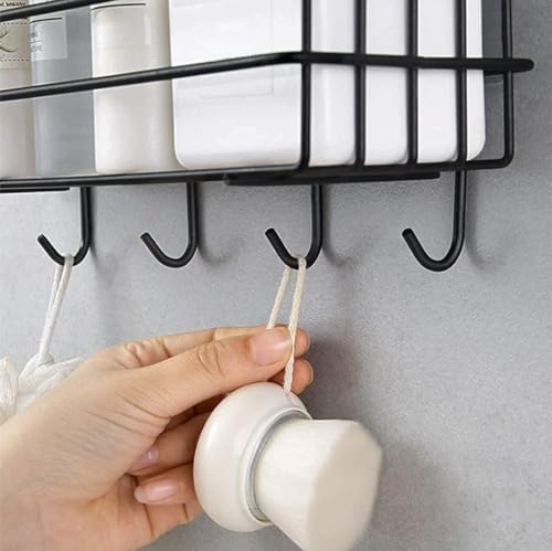 Image of TEKCOOL Aluminium Self-Adhesive Bathroom Shelf with Hooks - Space-Saving Wall Mounted Shelf for Bathroom Essentials - Durable, No-Drill Required - Sleek Design. (Pack of 1)