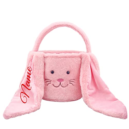 Amidaky Personalized Easter Bunny Bag for Kids Plush Easter Basket Buckets with Custom Name Embroidery Long Ear Candy Gifts for Boys Girls Bright Pink