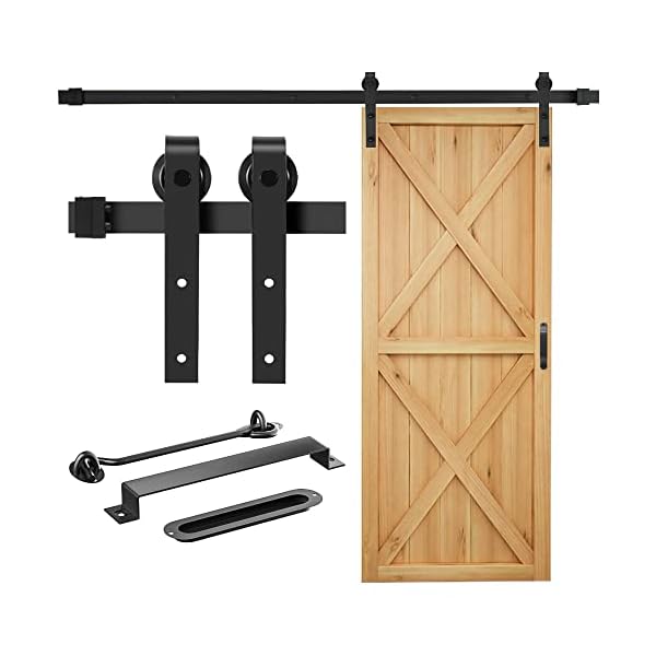 Signstek 5ft Sliding Barn Door Hardware Kit Heavy Duty with Door Hook and 2 Handles-Smoothly and Quietly, Easy Installation- Fit 1 3/8-1 3/4" Thickness-Black -J Shape Hanger