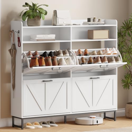 Image of Shoe Cabinet with 4 Flip Drawers, Freestanding Hidden Shoe Storage Organizer for Entryway, Narrow Slim Shoe Rack Cabinet with Open Storage & Hooks for Front Door Entrance, Living Room, Hallway, White