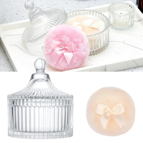 Récipient en verre avec 3 houppettes maquillage extra larges