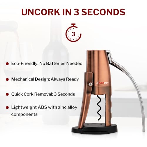 Forge Quality Compact Vertical Lever Corkscrew Wine Opener with Foil Cutter. 3 Seconds to Open a Bottle of Wine. Metallic Bronze
