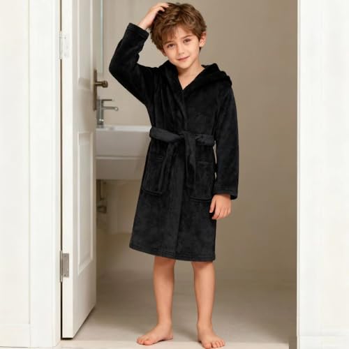 Image of Kids Bathrobe Hooded Plush Fleece Robe for Girls Boys