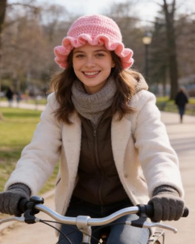 Image of Women Crochet Bucket Hat Cute Winter Ruffled Brim Floppy Cap Handmade Knit Cloche Hats