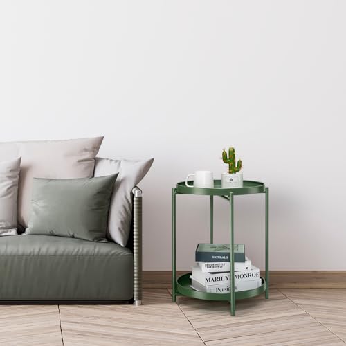 Danpinera 2 Tier Metal Side Table With Removable Tray, Folding End Table Outdoor Side Table Small Accent Table, Anti-Rust Green Nightstand For Bedroom Balcony Patio thumb #1