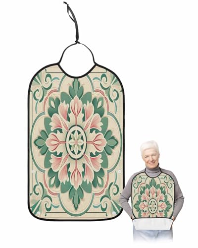 LEOKOTI Pink Green Flower Adult Bibs for Eating, Waterproof Bibs with Food Catcher & Adjustable Snap Closure, Elegant Spring Floral Abstract Art Washable Clothing Protectors Adult Bibs for Elderly