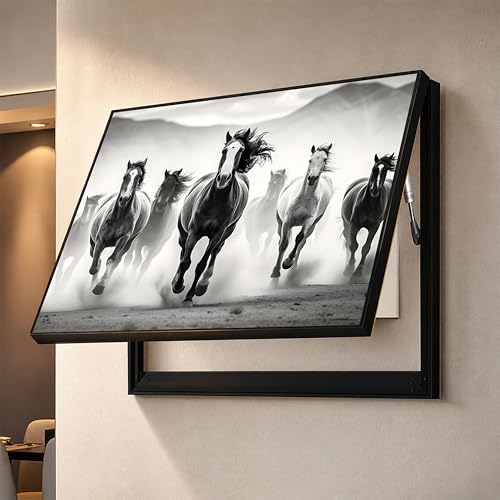 Image of Electric MCB Box Cover Frame With Hydraulic Decorative White 7 Running Horse Painting Electrical Panel box Cover, Switch Box Frame Will Fit Max 15x20 inch Switch Board, Outer Box Size 17X23 Inch