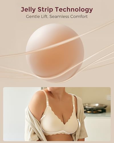 Momcozy Wireless Seamless Bra, Classic Jelly Strip Lift, Soft, Comfortable T-Shirt Bra, Beige, 34B3