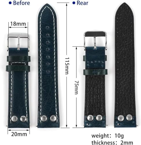 Bracelet montre cuir rivets 20mm interchangeable à dégagement rapide
