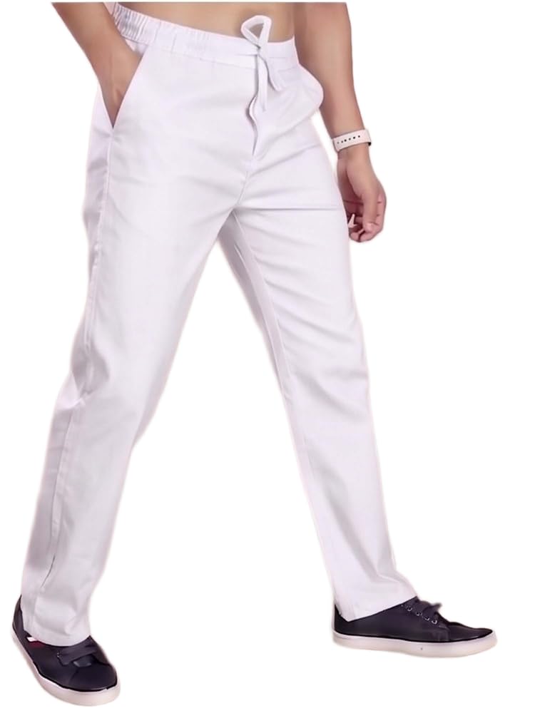 pantom Men's Trouser White Casual Mid-Rise Linen Straight Fit Drawstring Waist-picture-41