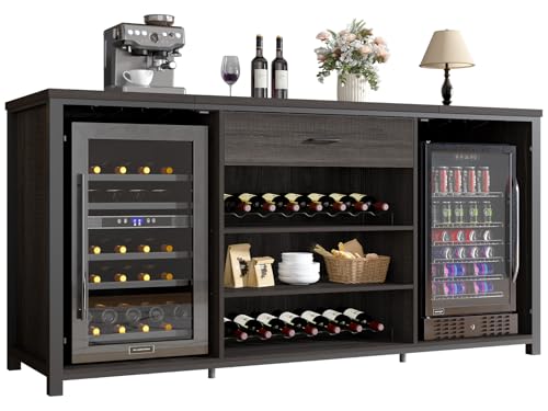 LVB Long Bar Cabinet with Fridge Space, Farmhouse Big Liquor Cabinet with Drawer Storage, Rustic...