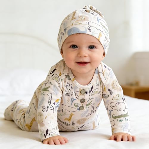 Image of AMAWMW Newborn Baby Boys Girls Cartoon Sleeper Gown Long Sleeve Mountain Nightgown Hat Outfits