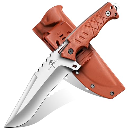 Purple Dragon Outdoor Couteau de survie avec fourreau Kydex, lame fixe en acier D2 monobloc, manche en G10 avec soie pleine pour camping, cadeau pour hommes, Orange