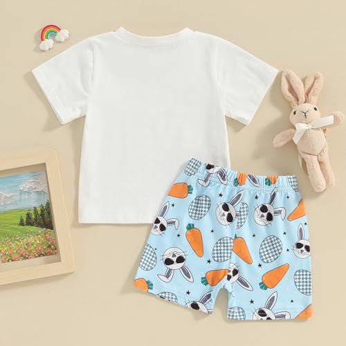Image of BeQeuewll Toddler Baby Boy Easter Outfit Letter Bunny Print Short Sleeve T-Shirt and Shorts Summer Clothes Set