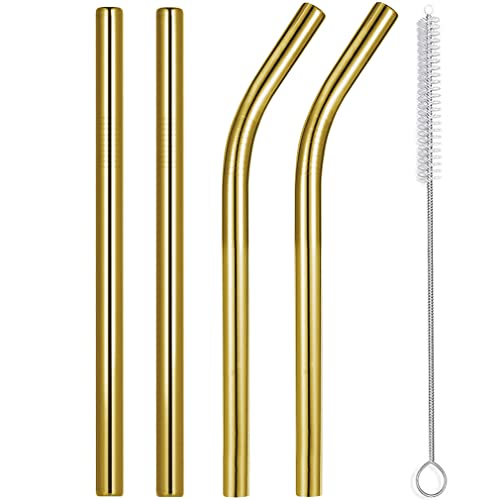 Image of Vinaco 8.5 inch and 10.5 inch Big Smoothie & Milkshake Straws, 4 Pack Food-Grade Stainless Steel 0.4 inch Wide Mouth for Thick Drinks, Gold Metal Reusable