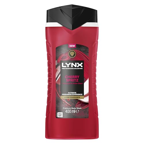 Lynx Fine Fragrance Collection Cherry Spritz Premium Body Wash Shower Gel for 12 hours of freshness, infused with a cherry, red apple & amber scent 400 ml