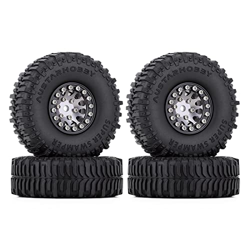 INJORA RC Tires 1.0 Wheel Rims & Mud Tires Set for 1/24 RC Crawler Car Axial AX24 SCX24 AXI90081 AXI00001 Upgrade Parts(Black&Grey)