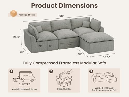 Image of COSIEST 108'' Boneless Sectional Couch, Modular Sectional Sofa with Ottoman, 4 Seater L Shaped Cloud Couch for Living Room, Grey