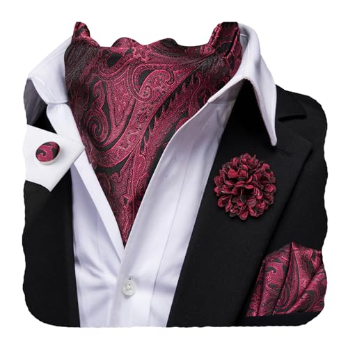 Image of Hi-Tie Silk Ascot for Men Self Tie Men's Cravat and Flower Lapel Pin Handkerchief Cufflinks Set for Wedding Party