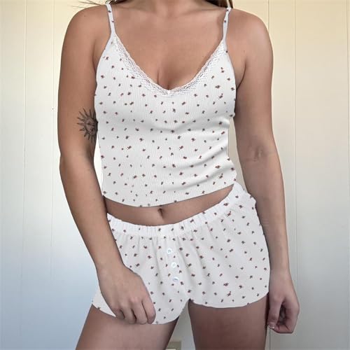 Image of Yuemengxuan Women Two Piece Outfits Y2k Boy Shorts Set Sleeveless Crop Top Button Down Shorts Set Loungewear Pajamas Set
