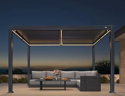 PURPLE LEAF Solar Louvered Pergola 92KS 10' x 12' with LED String Lights and Control Panel Aluminum Outdoor Pergola with Adjustable Roof for Patio Deck Garden Yard Gray