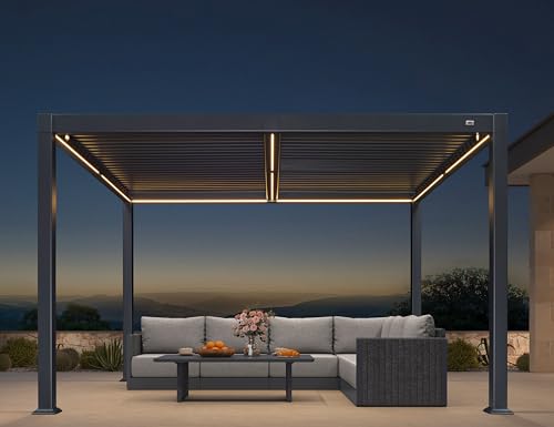 PURPLE LEAF Solar Louvered Pergola 92KS 10' x 12' with LED String Lights and Control Panel Aluminum Outdoor Pergola with Adjustable Roof for Patio Deck Garden Yard Gray
