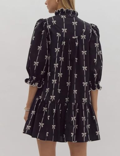 Women Puff Three-Quarter Sleeve Mini Dress Mock V Neck Babydoll Short Dress with Bow Print2