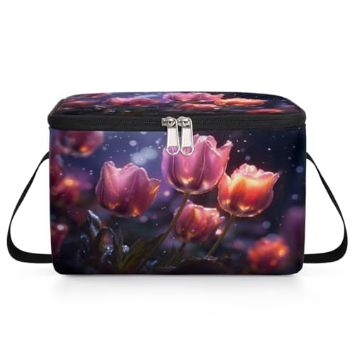GzLeyigou Red Tulips Lunch Bags for Women Men 9 Cans, Hot & Cold Food Delivery Bag Insulated Grocery Bag Insulated Lunch Box Blooming Tulip Cooler Bag for Office Work Picnic Beach