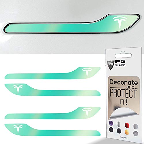 Image of IPG Compatible for Model 3 / Model Y /Juniper Door Handle Decal Sticker Wrap Kit (Set of 4) with Tesla Logo Personalize Your Tesla (Blue Coral)