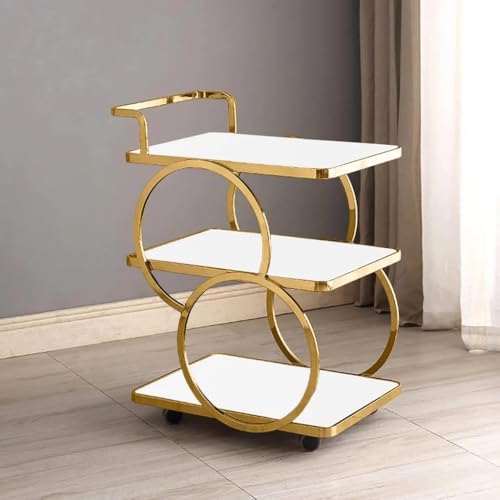 Image of End Table Bar Table 3-Tier Metal Serving Table with Wheels Gold Elegant Home and Restaurant Mobile Cart for Effortless Food Serving Coffee Table for Living Room (Golden White)