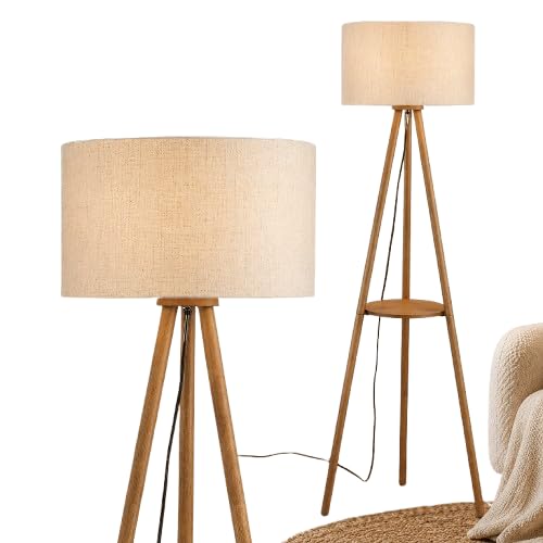Wood Tripod Floor Lamp with Shelves | Farmhouse Standing Lamp with 3 Color Temperature LED Bulb | Rustic Wooden Display Shelf Lamp for Living Room, Bedroom & Office-image-44