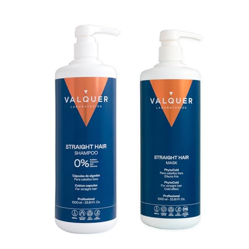 Valquer Pack Cabello Liso Zero Champú 1 L y Mascarilla Efecto Frío 975 ml. Limpia, Repara y Protege el Pelo Proporcionando Brillo y Suavidad. Con Extracto de Algodón, Arándano y Vitamina E. Vegano.