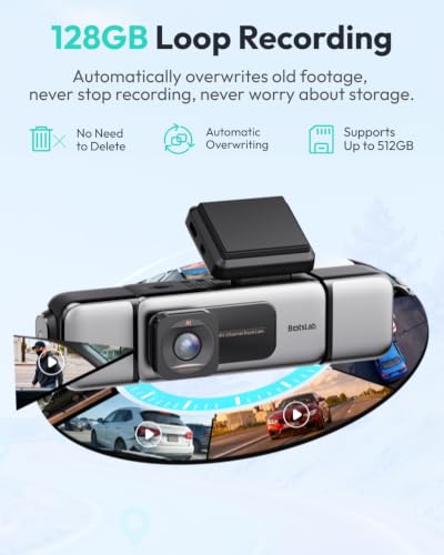 Image of BOTSLAB 3K 4 Channel Dash Cam, 360 All-Around View, Front /Rear /Inside Car Cameras with 3.18 inch Touch Screen, Dash Camera 24 /7 Parking Mode, Built-in GPS, 5.8GHz WiFi, Voice Control, 128GB Card Included