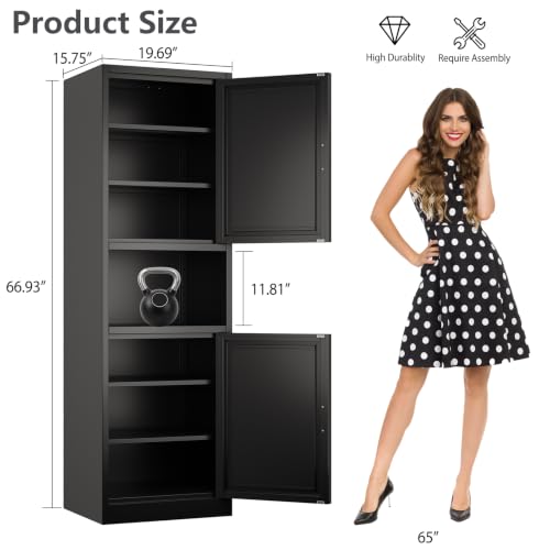 Image of Tall Narrow Pantry Cabinet for Kitchen, 67 inch H Metal Storage Cabinets with Doors and 3 Adjustable Shelves for Dining Room, Living Room and Home Office (20 inches Wide Black)