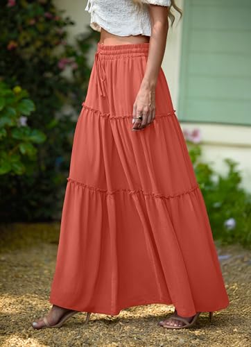Image of Lepunuo Womens Casual Boho High Waisted Flowy Maxi Skirts Tiered Floral Long Skirts with Pockets for Summer Beach Vacation