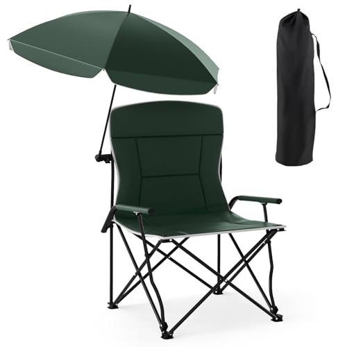 COSTWAY Silla Playa Plegable con Sombrilla Ajustable, Asiento y Respaldo Acolchados, Silla Plegable Camping con Toldo Parasol, Bolsa de Transporte, 62 x 65 x 96 cm, Carga 150kg