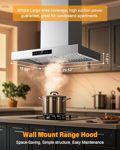 30 Inch Wall Mount Range Hood 1200CFM, 4-Speed Wall Mount Range Hood with Touch Control & Gesture Sensing Stainless Steel Kitchen Stove Vent Hoods with 2 LED Lights Luxury Series