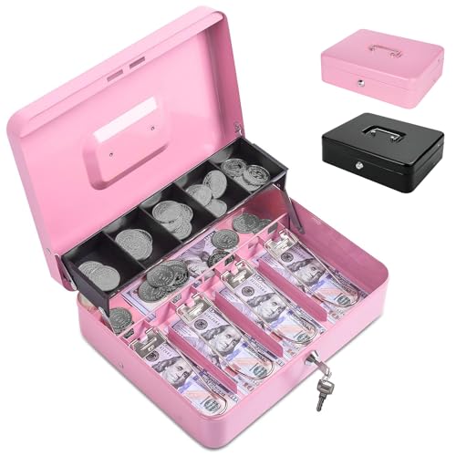 Cajas De Seguridad, Toy Caja para Dinero, Caja Fuerte para Dinero con Llaves y Cerradura, Caja de Seguridad con 4 Charolas para Billetes y 5 Depósitos para Monedas Portátil de Doble...
