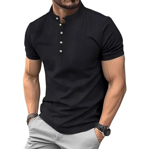 Men Retro Cotton Linen Solid T-Shirts Quarter Button Casual Henry Shirt Summer Slim Fit Comfortable Pullover Tops (Black,Medium)